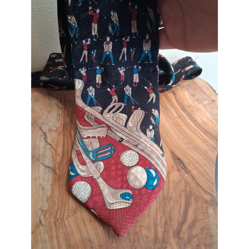 Atlas Mens Golf Novelty Silk Tie Black Red Vintage Golfers Clubs Sports Necktie
